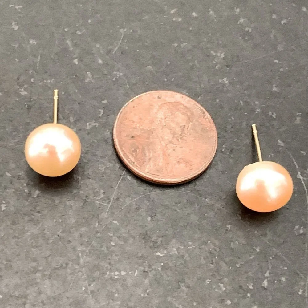 Large Pink Freshwater Cultured Pearl Stud Earrings Silver Tone